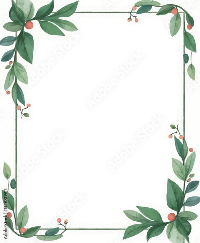 Watercolor Green Foliage Frame with Berries