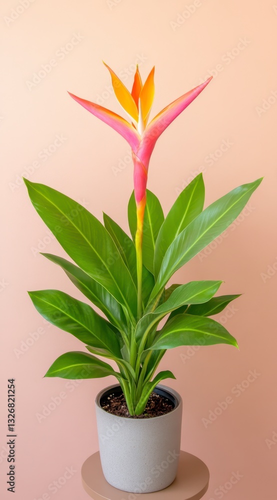 Vibrant orange and pink bird of paradise flower in a gray pot against a pale pink background. Lush green foliage complements the exotic bloom. Vibrant orange and pink bird of paradise flower in a gray pot against a pale pink background. Lush green foliage complements the exotic bloom.