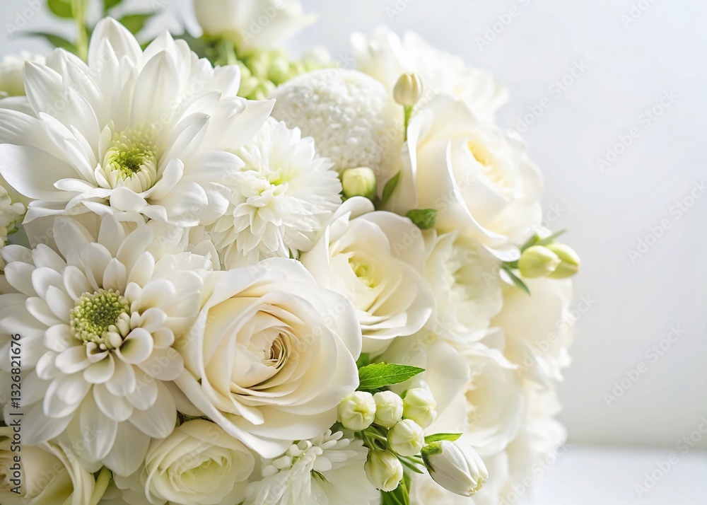 Elegant White Wedding Flower Arrangement Close-Up, Bridal Bouquet Detail, Floral Design Elegant White Wedding Flower Arrangement Close-Up, Bridal Bouquet Detail, Floral Design