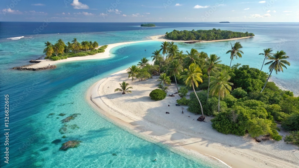 Naklejka premium Aerial view of a pristine tropical island with white sand beaches, turquoise waters, and lush green vegetation. The island is surrounded by clear ocean, offering a perfect escape and idyllic paradise 