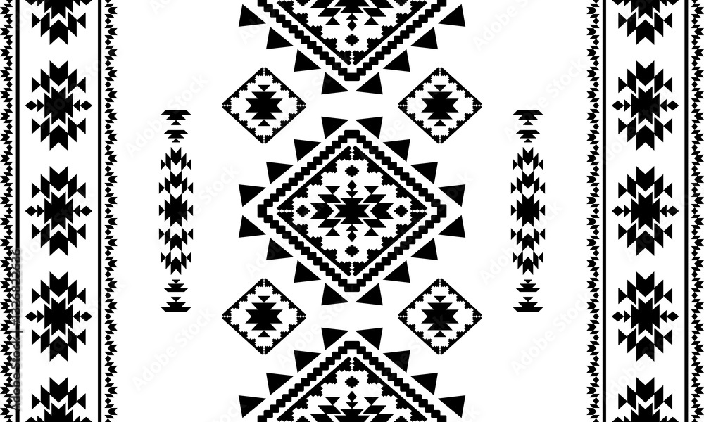 Fototapeta premium Southwest Aztec geometric Native American Mexican Navajo tribal ethnic boho indian texture ornament seamless pattern fabric black and white design vector for textile printing blanket rug carpet 