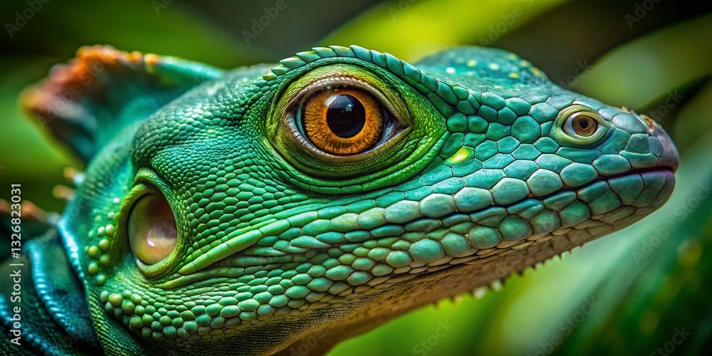 Obraz premium Emerald Basilisk Lizard Close Up: Vibrant Green Reptile Macro Photography