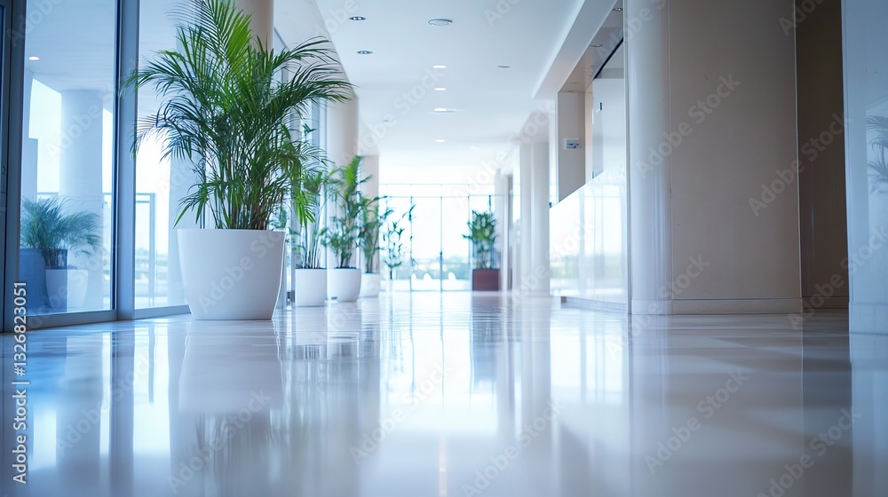 Obraz premium Modern office lobby with clean design, conveying simplicity and professionalism in a serene workspace. 