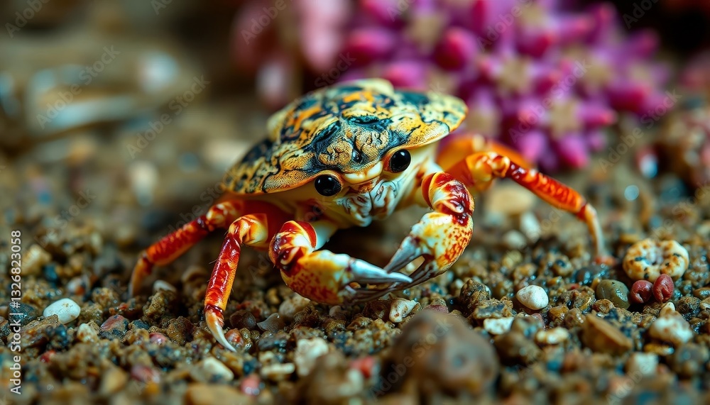 Vibrant Crustacean Crawling on Colorful Pebbles, a Close-Up View of a Miniature Marine Creature in its Natural Habitat Vibrant Crustacean Crawling on Colorful Pebbles, a Close-Up View of a Miniature Marine Creature in its Natural Habitat