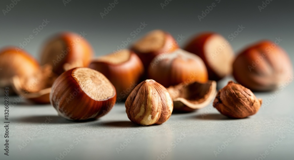 Close-up of whole and shelled hazelnuts on a neutral background Close-up of whole and shelled hazelnuts on a neutral background