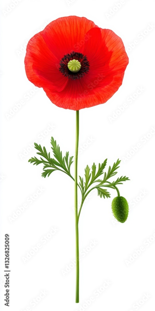 Obraz premium Single red poppy flower with green stem and leaves against a white background. The vibrant red petals and delicate green foliage are sharply detailed.