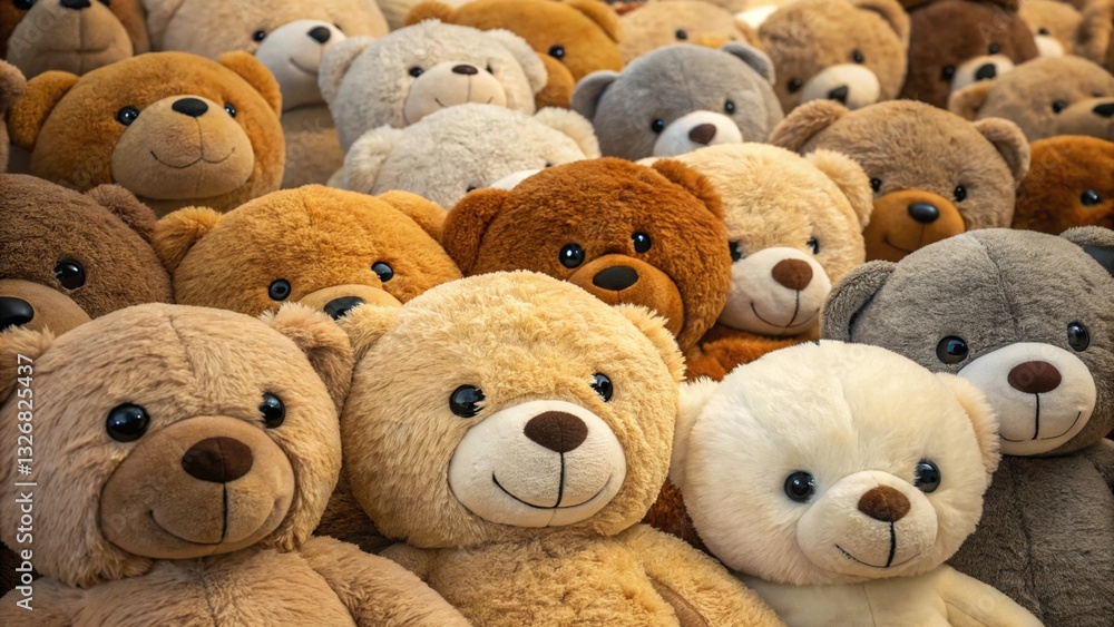 Many fluffy teddy bears in a heap, studio shot. Assortment of cuddly teddy bears, different shades of brown, beige and white