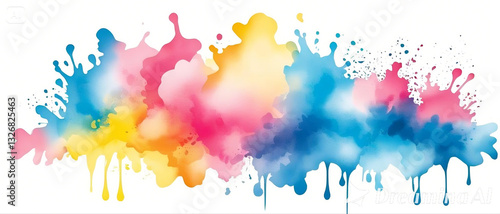 Colorful abstract splash of pink, blue, and yellow watercolor paint on a white background.