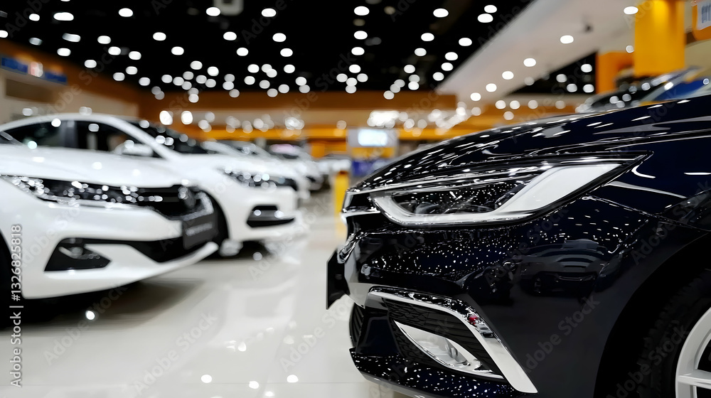 A car showroom with multiple new cars in the background