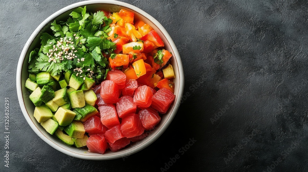 Fresh Tuna Poke Bowl with Avocado, Tomato, Cucumber, and Herbs Fresh Tuna Poke Bowl with Avocado, Tomato, Cucumber, and Herbs