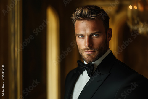 Man in tuxedo and bow tie, standing confidently in front of a sleek car at a glamorous event.