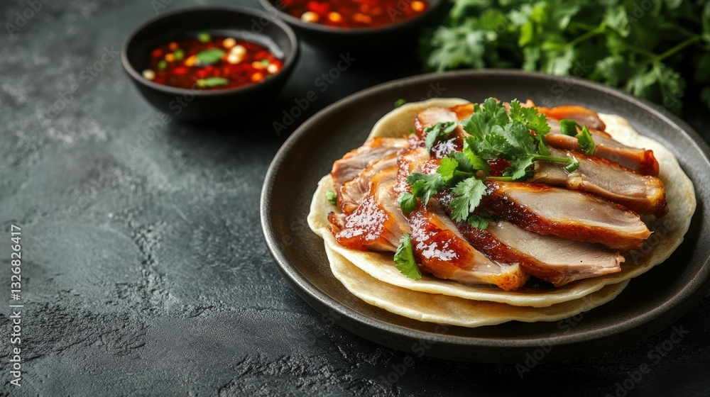 Authentic Chinese Peking Duck with Thin Pancakes and Dipping Sauce Authentic Chinese Peking Duck with Thin Pancakes and Dipping Sauce
