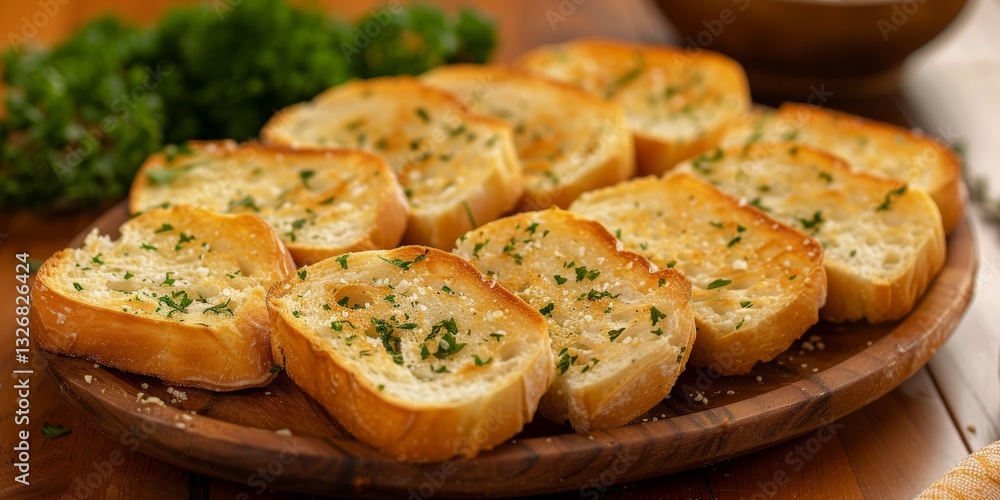 Isolated close up of circular slices of garlic bread on a nice table, clean lines Isolated close up of circular slices of garlic bread on a nice table, clean lines