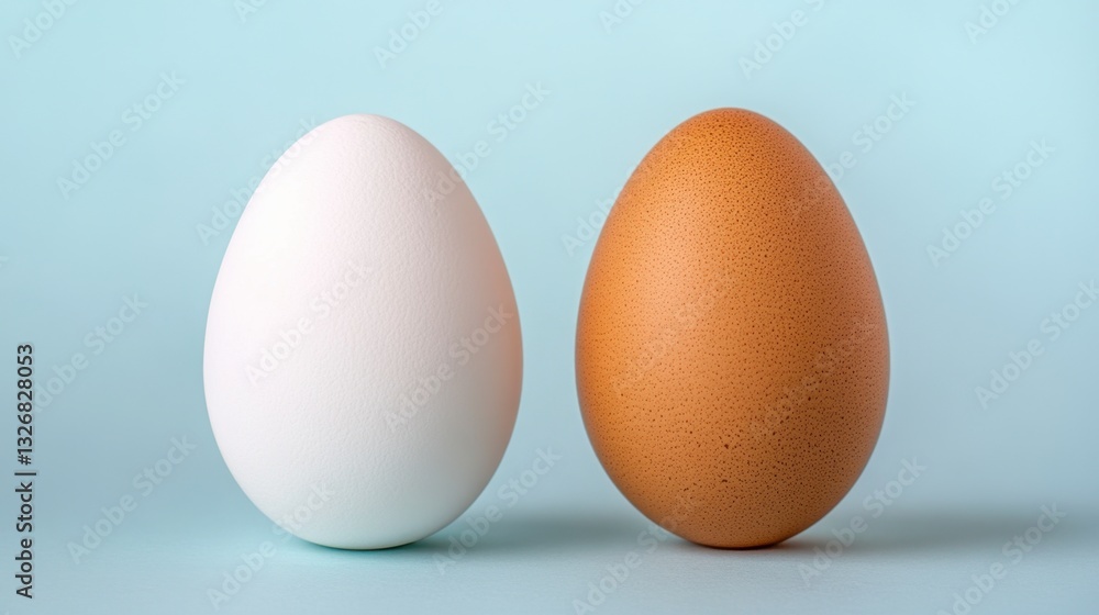 Two eggs, one white and one brown, stand side by side against a light blue background. The image is simple and clean. Two eggs, one white and one brown, stand side by side against a light blue background. The image is simple and clean.