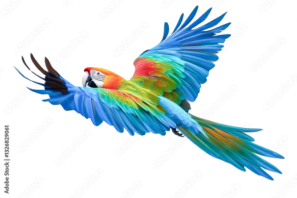 Fototapeta premium vibrant macaw in flight on white background