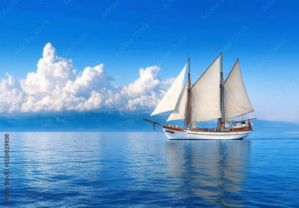 Fototapeta premium White sailboat sailing on a calm blue ocean under a bright sunny sky with fluffy white clouds and distant mountains. Serene seascape.