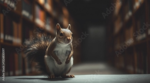 Curious squirrel exploring a quiet library filled with books on shelves