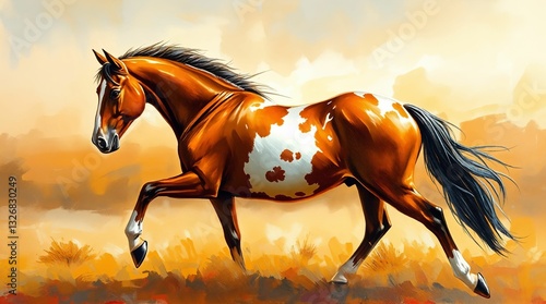 Strong horse trotting gracefully across a vibrant autumn landscape photo