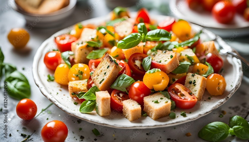 Panzanella Tomato salad with red, yellow, orange cherry tomatoes, capers, basil and ciabatta croutons. summer healthy food. Panzanella Tomato salad with red, yellow, orange cherry tomatoes, capers, basil and ciabatta croutons. summer healthy food.