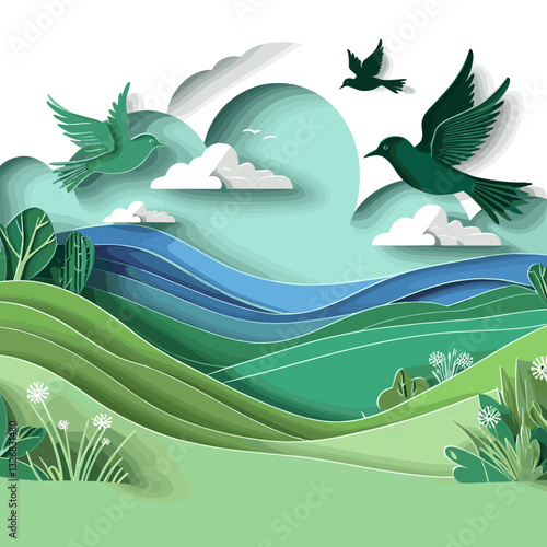 Stylized paper art landscape with flying birds and rolling hills in vibrant shades of green
