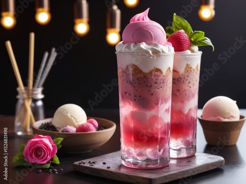 Bandung Drink with ice cream. A tall glass of thick, pink bandung drink topped with melting vanilla ice cream, Layers of rose syrup and basil seeds appear translucent under bright led lighting