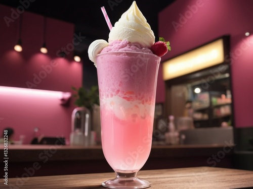 Bandung Drink with ice cream. A tall glass of thick, pink bandung drink topped with melting vanilla ice cream, Layers of rose syrup and basil seeds appear translucent under bright led lighting
