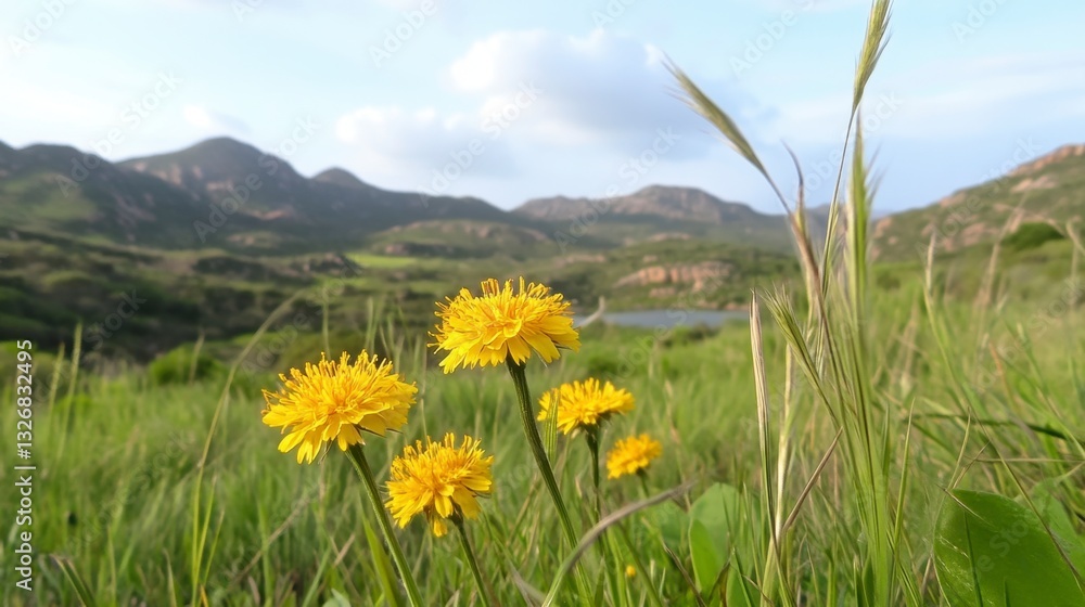 Fototapeta premium Vibrant yellow wildflowers in the foreground, tall grasses, and a tranquil lake nestled among rolling hills under a bright sky.