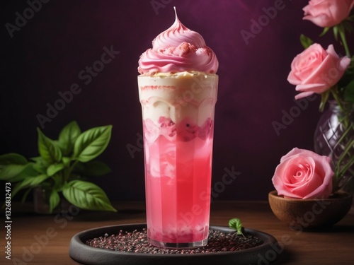 Bandung Drink with ice cream. A tall glass of thick, pink bandung drink topped with melting vanilla ice cream, Layers of rose syrup and basil seeds appear translucent under bright led lighting