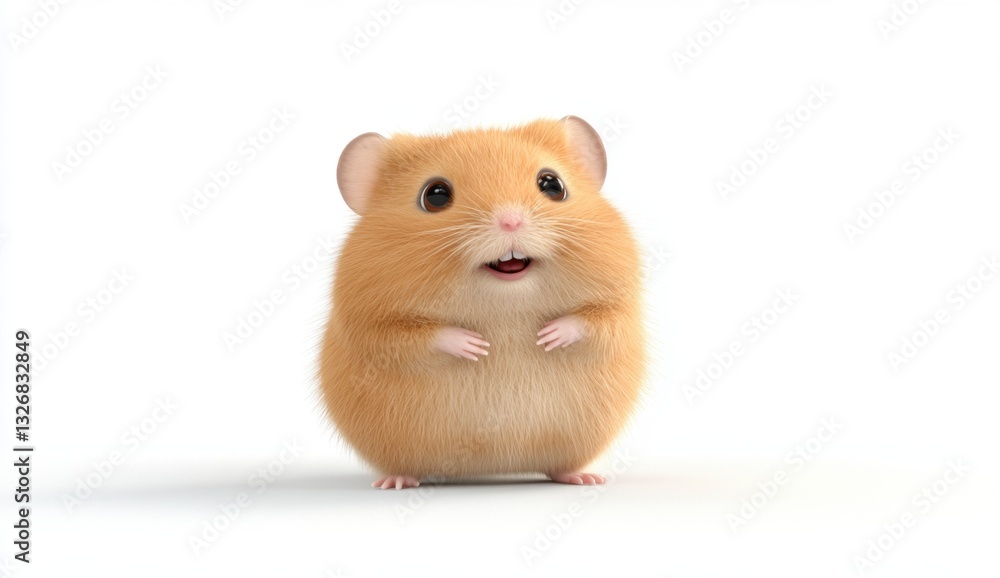Adorable fluffy hamster standing on white background, looking happy and cute. Soft, light brown fur, small paws. 3D render style. Adorable fluffy hamster standing on white background, looking happy and cute. Soft, light brown fur, small paws. 3D render style.