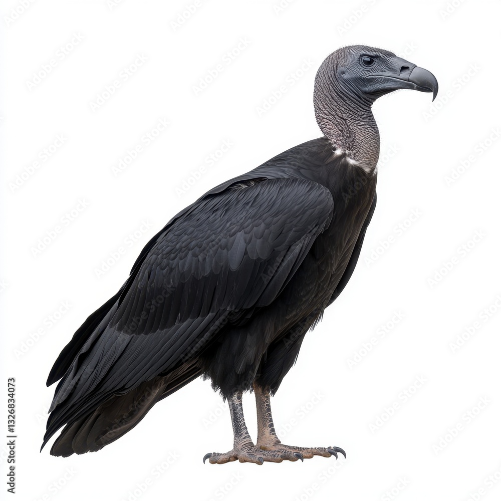 Black vulture standing against a white background. The bird is predominantly black with gray detailing on its neck and legs.
