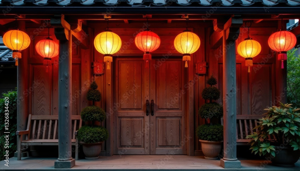 Obraz premium Colorful lanterns hang from wooden beams above the door, wooden, seasonal, lighting