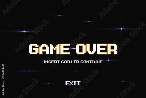 GAME OVER. INSERT A COIN TO CONTINUE or exiting the game's main menu. Modern trendy game background with lighting effect. for game assets in vector illustrations.