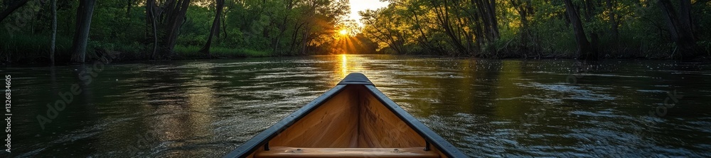 Fototapeta premium Scenic Canoe Ride Along a Peaceful River Surrounded by Lush Trees. Generative AI