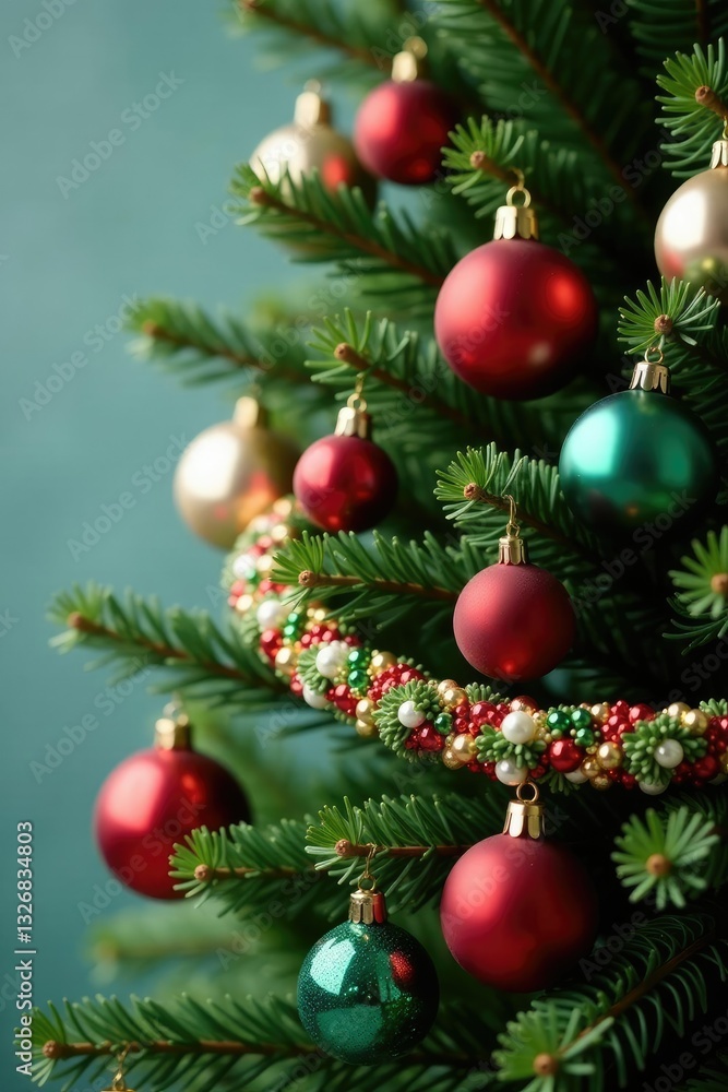 Fototapeta premium Colorful ornaments and garlands wrapped around a fir branch create a festive atmosphere, ornaments, Christmas, wreath
