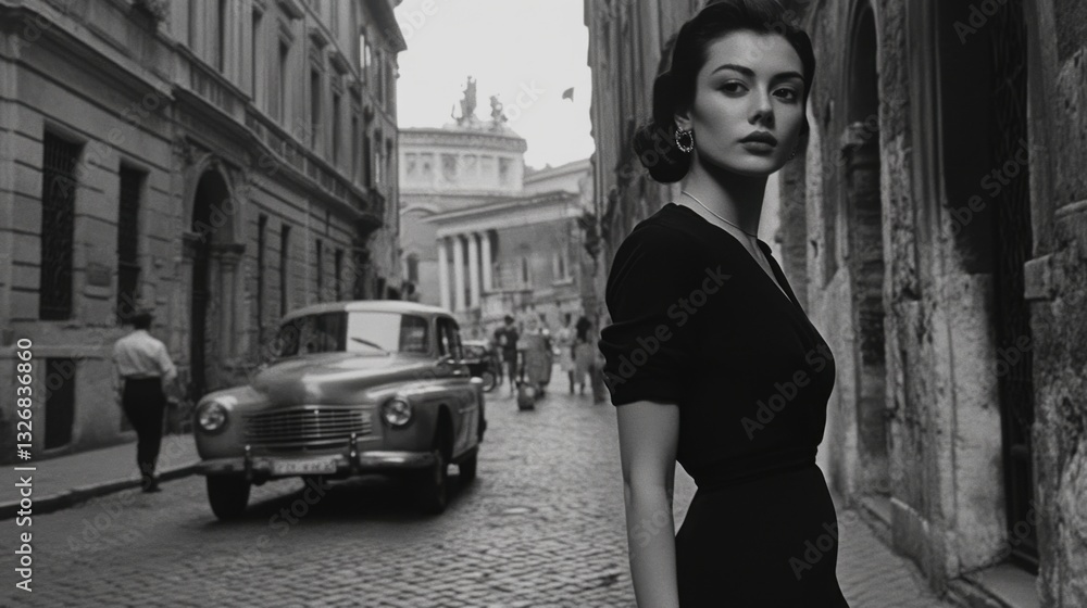 Obraz premium Elegant Woman in Black Dress Posing on Cobblestone Street in Italy during the 1950s