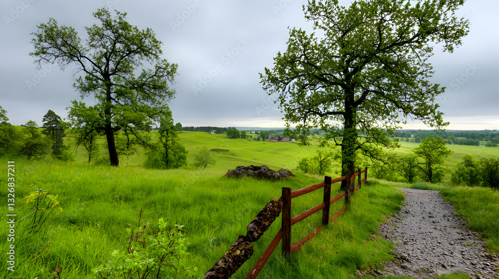 A lush green landscape featuring trees fence and a pathway A lush green landscape featuring trees fence and a pathway