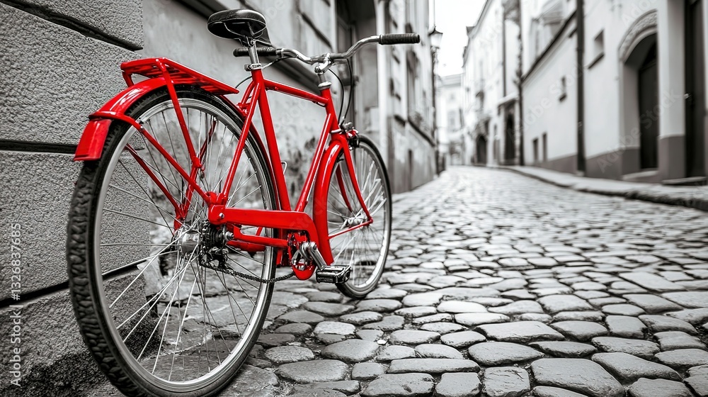 Retro red bicycle by a cobblestone wall, black and white tones evoke timeless nostalgia.
Retro red bicycle by a cobblestone wall, black and white tones evoke timeless nostalgia.