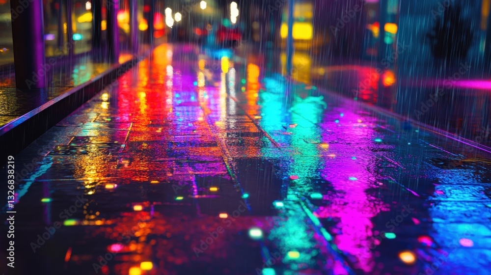Obraz premium A neon-lit city where the rain falls in bright colors, creating glowing puddles