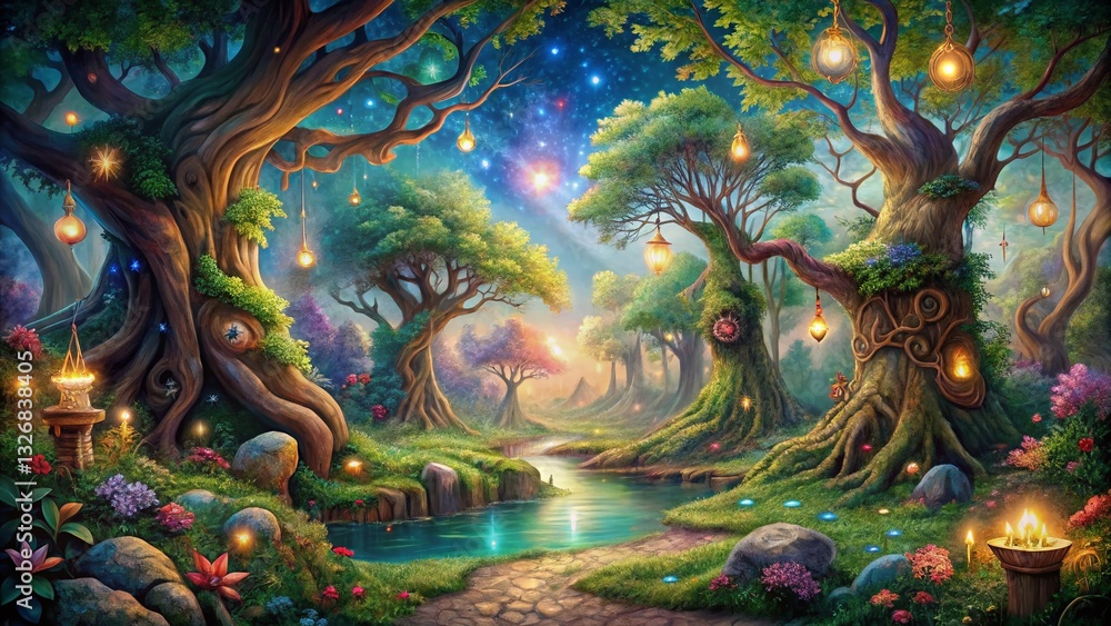 Enchanting Magical Forest Mural: Whimsical Trees, Creatures & Fireflies Enchanting Magical Forest Mural: Whimsical Trees, Creatures & Fireflies