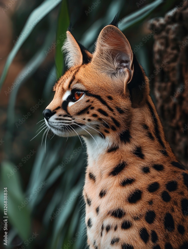 Captivating Serval Portrait, An Elegant Wildcat Amidst Verdant Foliage Captivating Serval Portrait, An Elegant Wildcat Amidst Verdant Foliage