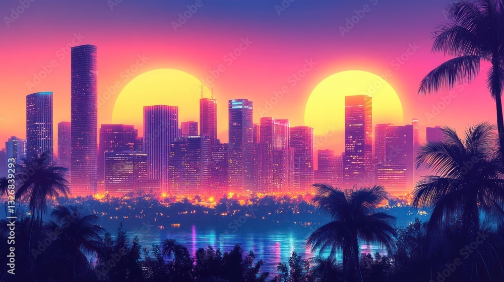 Obraz premium Miami Skyline Sunset Retro Vibes
