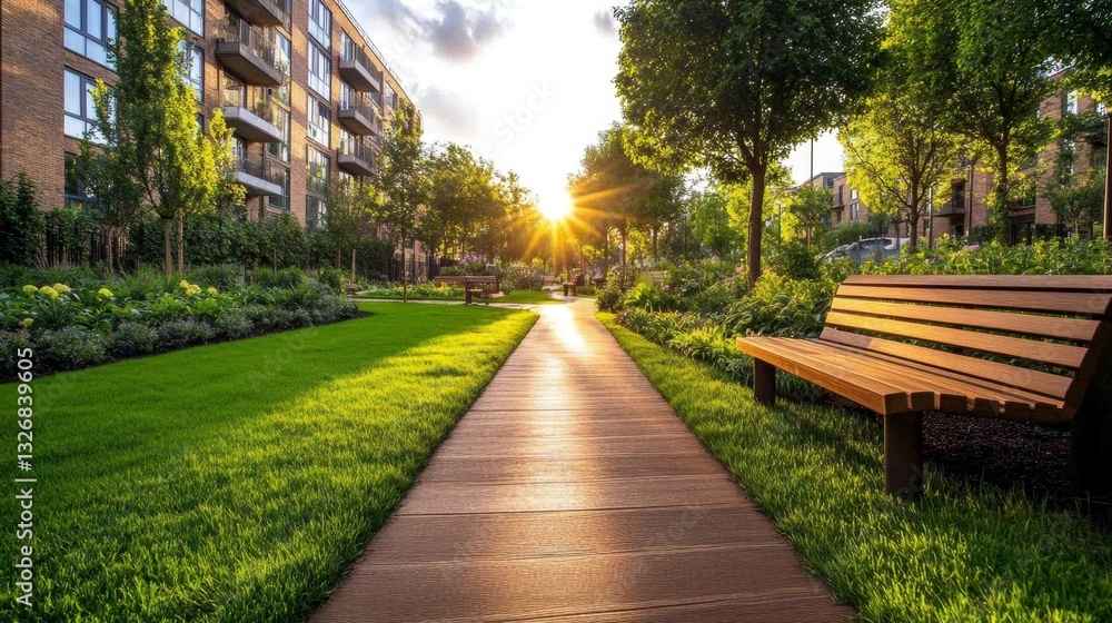 Fototapeta premium Serene path with benches flowers and greenery under bright sunlight in a park. Generative AI