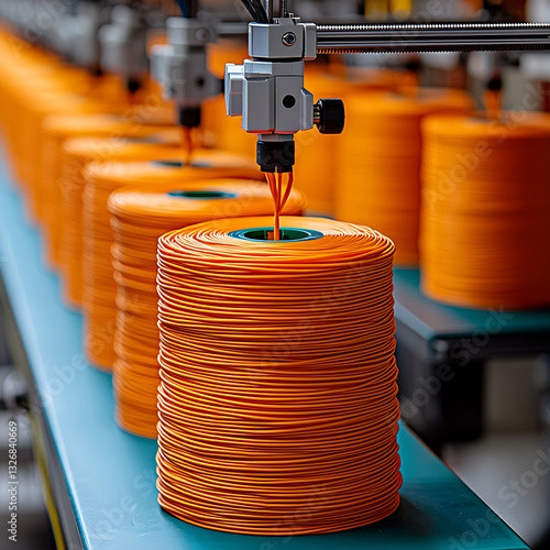 Automated industrial process vibrant orange spools of cable neatly arranged on a conveyor belt, signifying mass production and technological advancement.