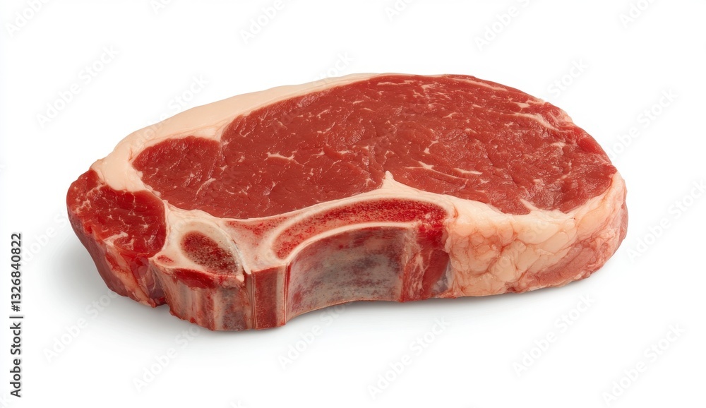 Close up view of a raw beef steak, bone in, marbled with fat, displayed on a white background. Close up view of a raw beef steak, bone in, marbled with fat, displayed on a white background.