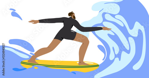 Male surfer in wetsuit riding wave vector flat illustration. Professional athlete doing extreme sports on sea or ocean water, isolated on white background.