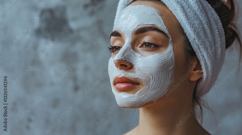 Fototapeta premium Young woman with a skincare face mask and towel headband enjoying a self-care moment in soft lighting