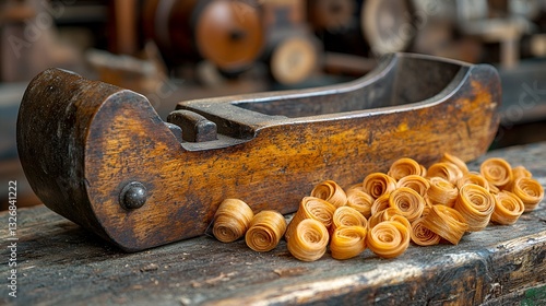 Vintage wood plane with curled wood shavings photo