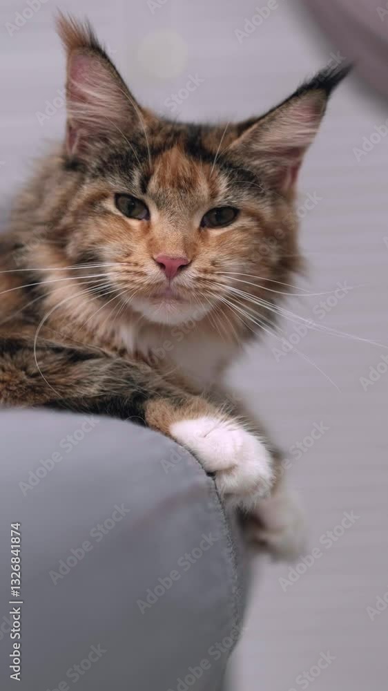 Portrait fluffy Maine Coon cat with large ears and expressive eyes at home, looking at camera with an intense yet calm expression, home life pet portrait, feline beauty, elegant appearance Portrait fluffy Maine Coon cat with large ears and expressive eyes at home, looking at camera with an intense yet calm expression, home life pet portrait, feline beauty, elegant appearance