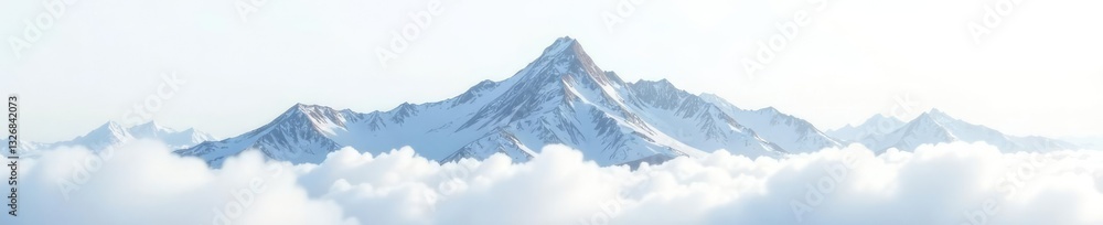 Fototapeta premium Isolated mountain range on white cloudy background, peaceful, calm, serenity
