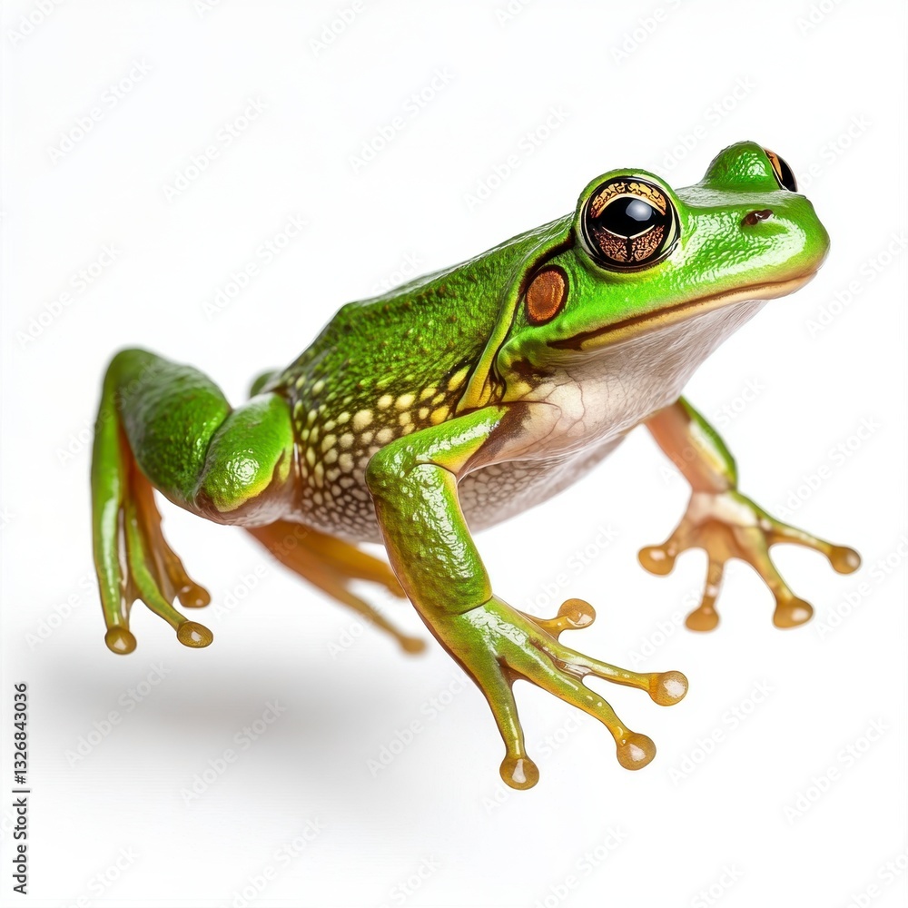 Fototapeta premium Close up of a vibrant green frog with large, dark eyes against a bright white background. The frog is positioned in a three quarter view, showcasing its detailed texture and features.